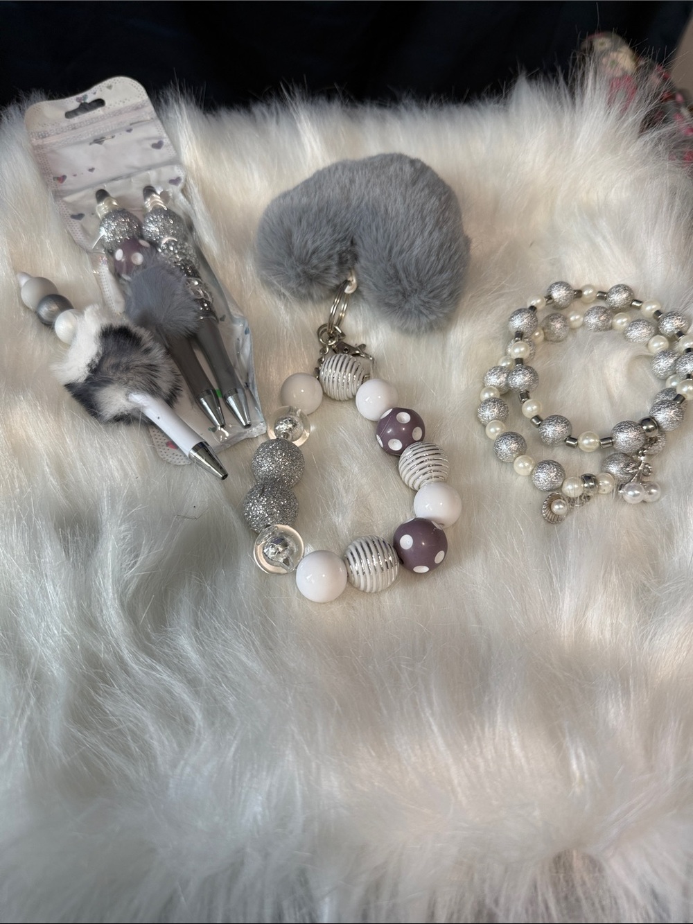 Grey and White Beaded Keychain Bracelet with Pom Charm